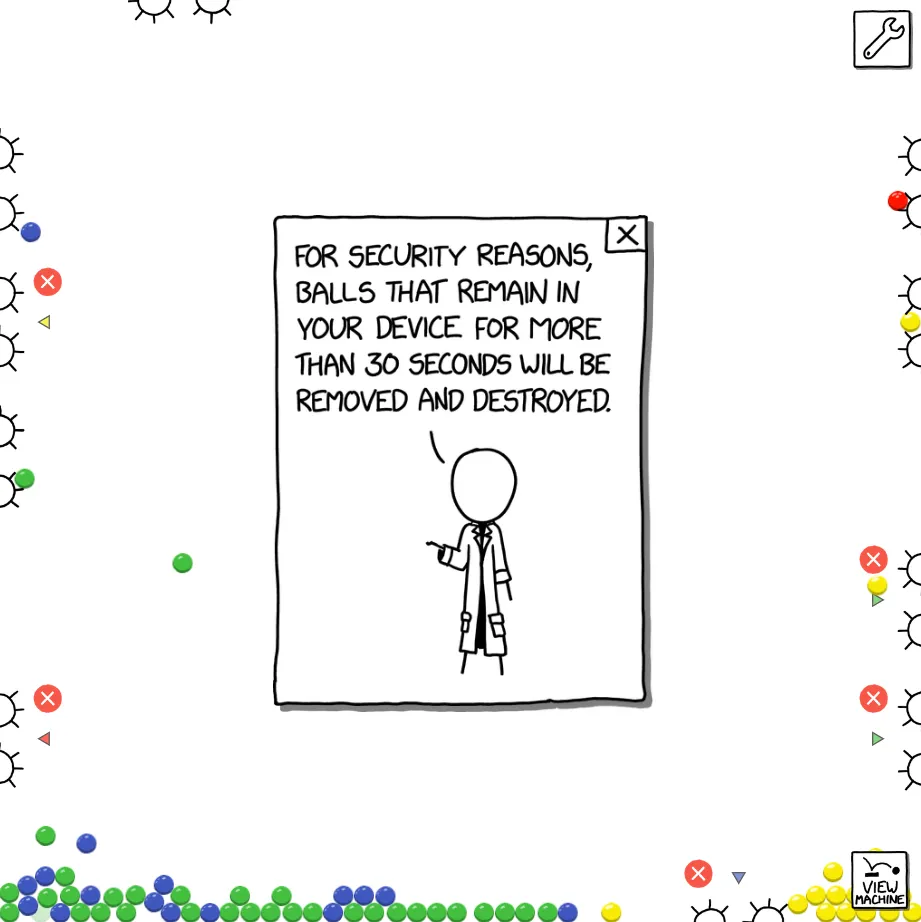 Screenshot of Machine with a tutorial popup reading "For security reasons, balls that remain in your device for mosre than 30 seconds will be removed and destroyed."
