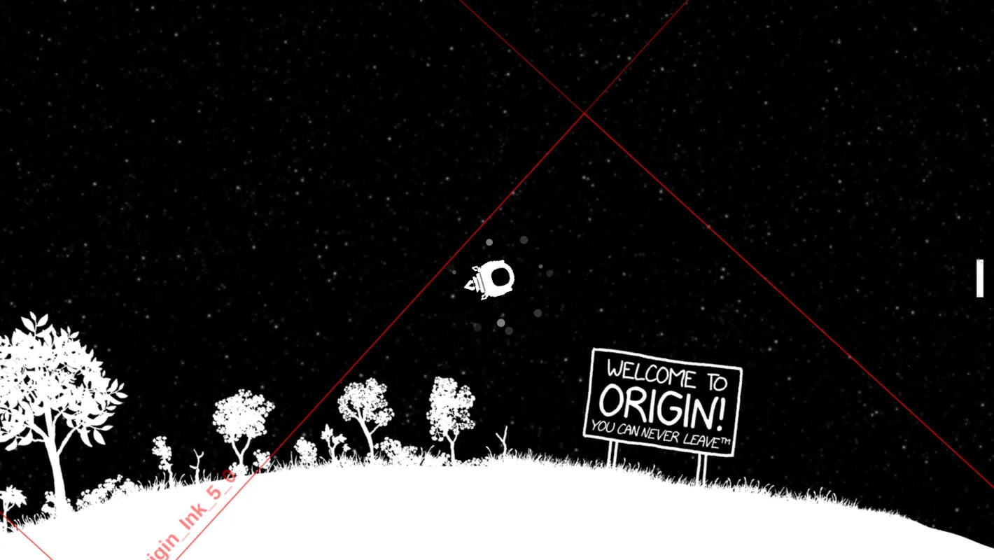 A screenshot of the "Escape Speed" game, featuring a small spaceship moving past a sign saying "Welcome to Origin!", with red debug lines overlayed